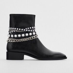 ZARA Pearl Embellished Chains Flat Ankle Booties